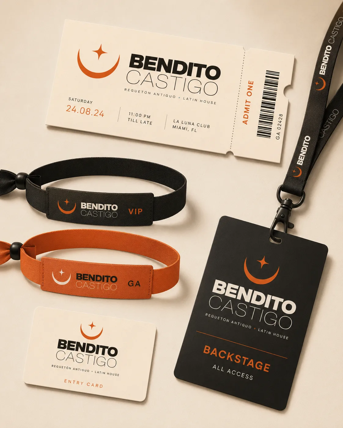 Entrada, pulseras VIP y general, tarjeta de acceso y acreditación backstage de Bendito Castigo
