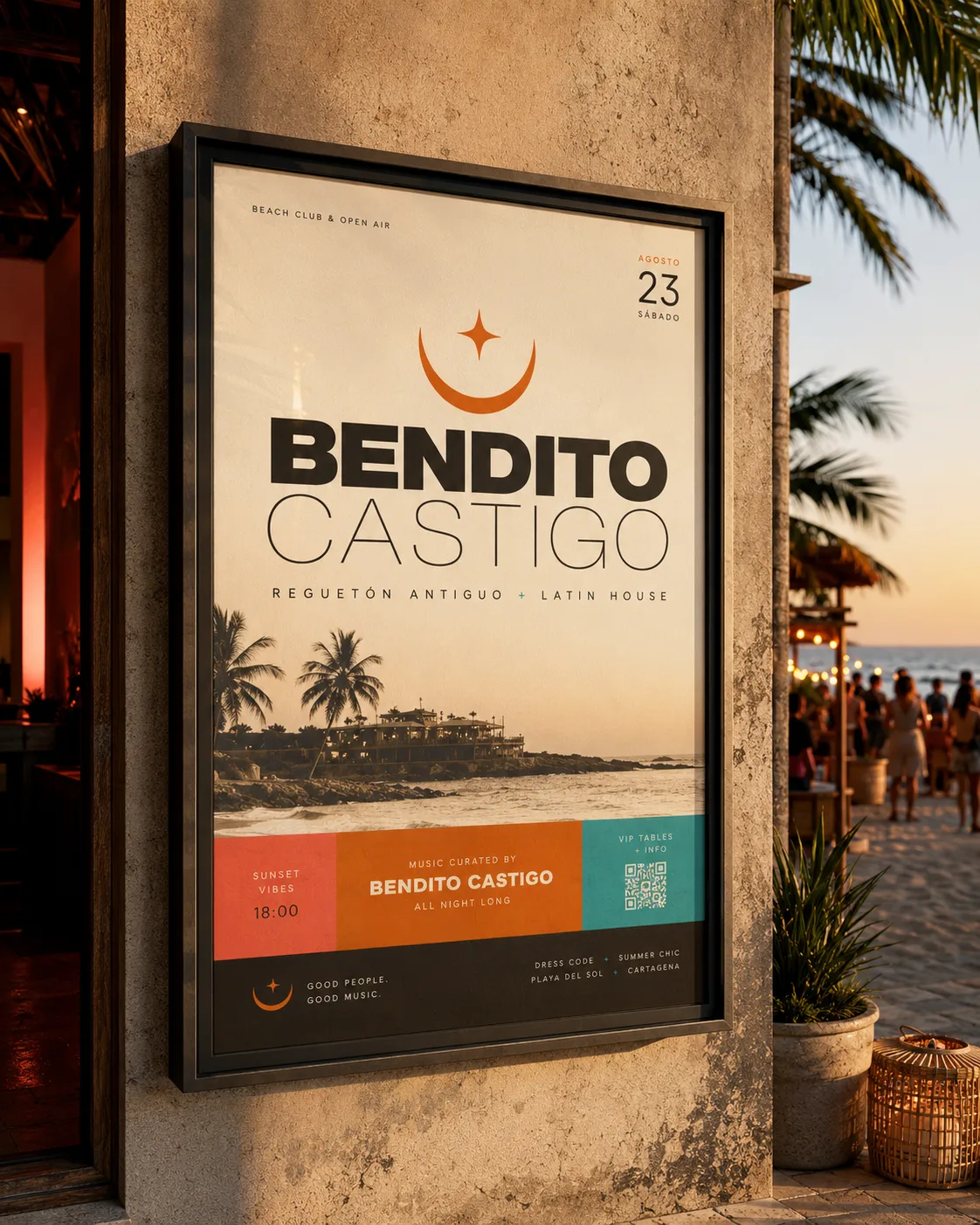 Cartel de Bendito Castigo en la pared de un beach club al atardecer